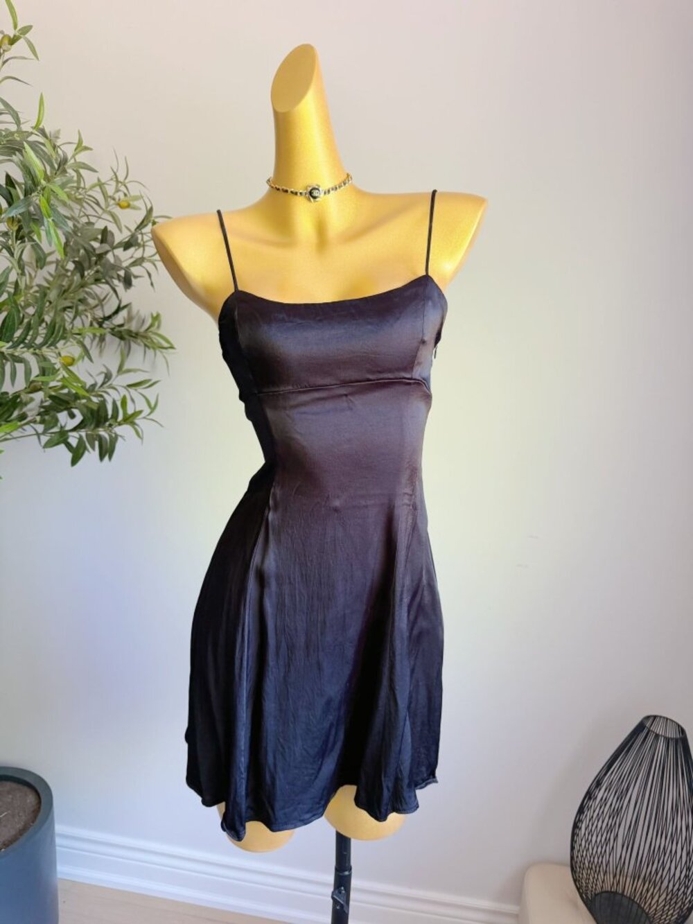 Zara Black Satin Spaghetti Strap A-Line Mini Dress S